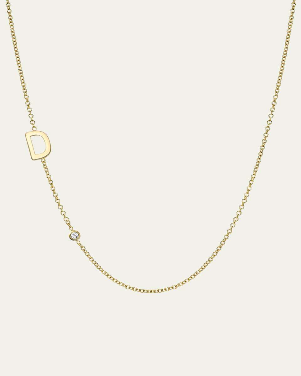 14k Gold Asymmetrical Initial and Bezel Diamond Necklace